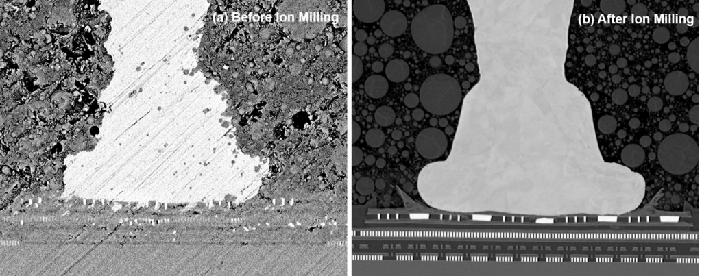 Solder connection comparison with and without ion milling
